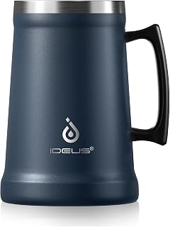 Ideus Insulated Beer Stein, 24/34oz Stainless Steel Double Walled Beer Mug Giant Bar Drinkware Metal Beer Cup with Big Grip Handle (Navy Blue, 34 ounces (1,000ml))