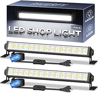 40W Shop Light for Garage, Plug in 5400LM with Switch+ 6.6FT Cord, 2 Pack | Brighter LED Work Light, 6000K Daylight White Workshop Bay Lighting for Workbench Warehouse Factory Basement