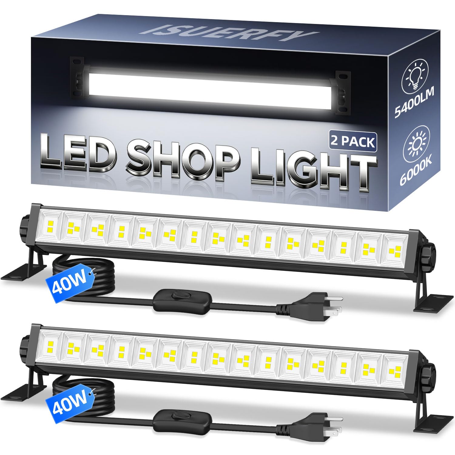 40W Shop Light for Garage, Plug in 5400LM with Switch+ 6.6FT Cord, 2 Pack | Brig