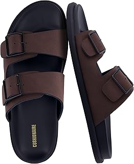 CUSHIONAIRE ALPHA Men's 100% Genuine Leather Casual Slip On Flat Sandals with Adjustable Buckles