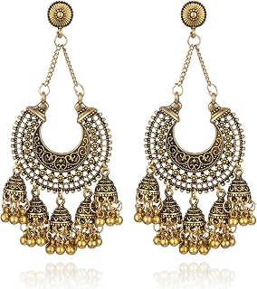 Silver Indian Earrings Women Boho Ball Chandelier Tassel Statement Dangle Earrings Wedding Bridal Bell Jewelry Gifts Indian Suits Dresses Outfits