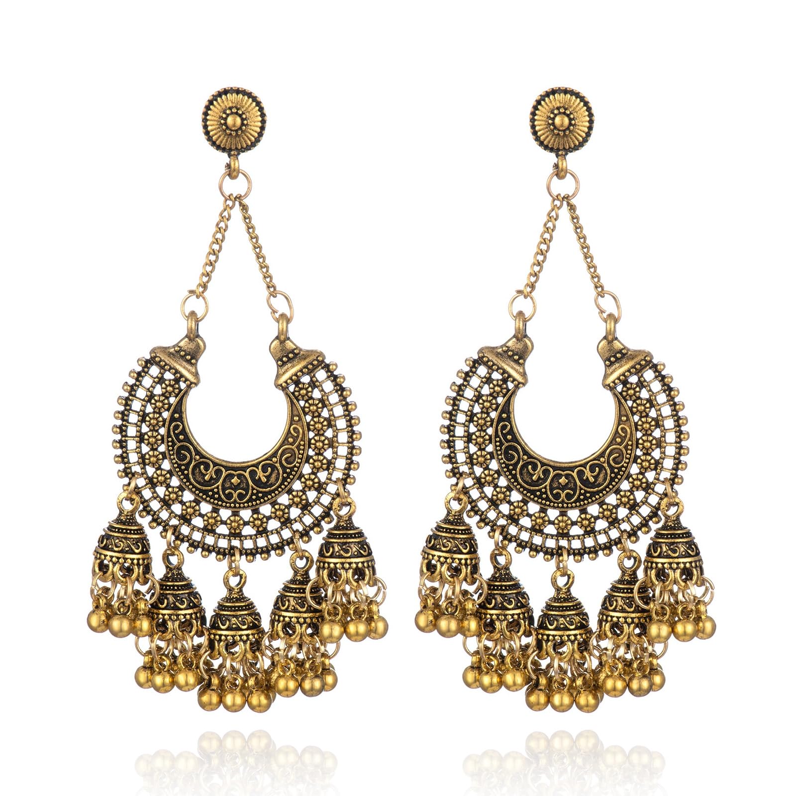 Silver Indian Earrings Women Boho Ball Chandelier Tassel Statement Dangle Earrin