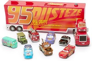 Disney Store Official Mack Hauler Play Set - Light & Sound Mack Carrier with 8 Pullback Die Cast Vehicles - Red, Fillmore, Lightning McQueen, Bobby Swift, Cal Weathers, Sarge, Sheriff & Tow Mater