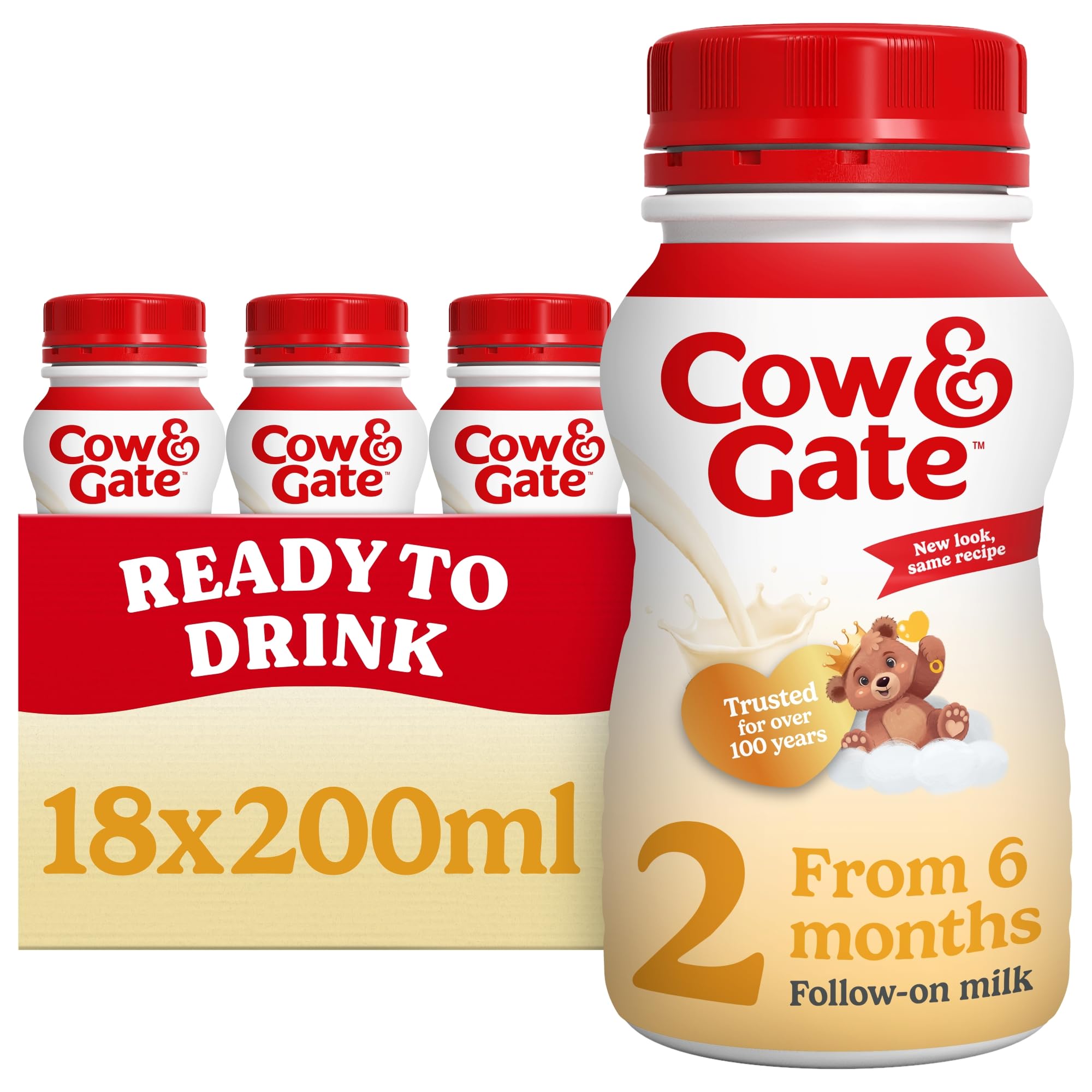 Cow & Gate 2 Follow On Baby Milk Liquid Formula, 6-12 Months, 18x200ml | Ready t