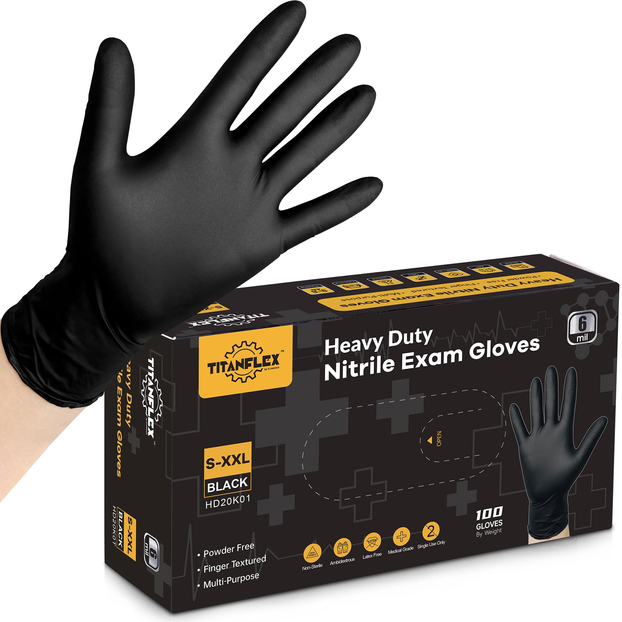 TitanFlex Disposable Nitrile Exam Gloves - 6-mil, Black, Heavy Duty, Latex Free,