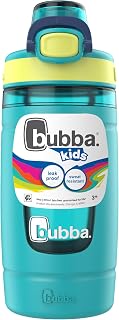 Bubba Kids Flo Water Bottle with Silicone Sleeve and Wide Mouth, 16 oz (473 ml), BPA-Free Plastic Water Bottle with Push Button Lid & Carry Handle, Scuba/Limelight