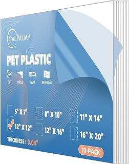 10 Pack of 12x12” PET Sheet/Plexiglass Panels 0.04” Thick; Use for Crafting Projects, Picture Frames, Cricut Cutting and More; Protective Film to Ensure Scratch and Damage Free Sheets
