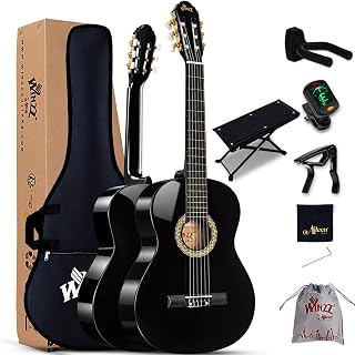 Winzz 4/4 Size Beginner Classical Guitar, Black | for Adults & Students, Spanish Style, Nylon String, Wide Fretboard, Complete Bundle with Footstool