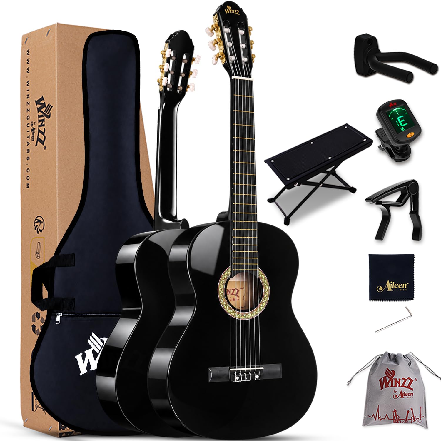 Winzz 4/4 Size Beginner Classical Guitar, Black | for Adults & Students, Spanish