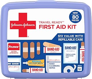 BAND-AID Brand Travel Ready Portable First Aid Kit, 80 Piece | Emergency Essentials for Minor Wound Care, Bandages, Neosporin & Tylenol, Perfect for Home, Car, Camping, Outdoors & Travel