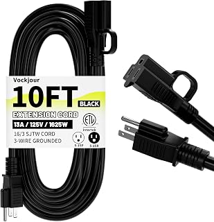 Vockjour 16/3 Black Indoor Outdoor Extension Cord 10 Ft Waterproof | 10 Feet Extension Cord with 3 Prong Grounded Plug,13A 1625W 16AWG SJTW, Flexible Weatherproof Power Cable for Offices Garden