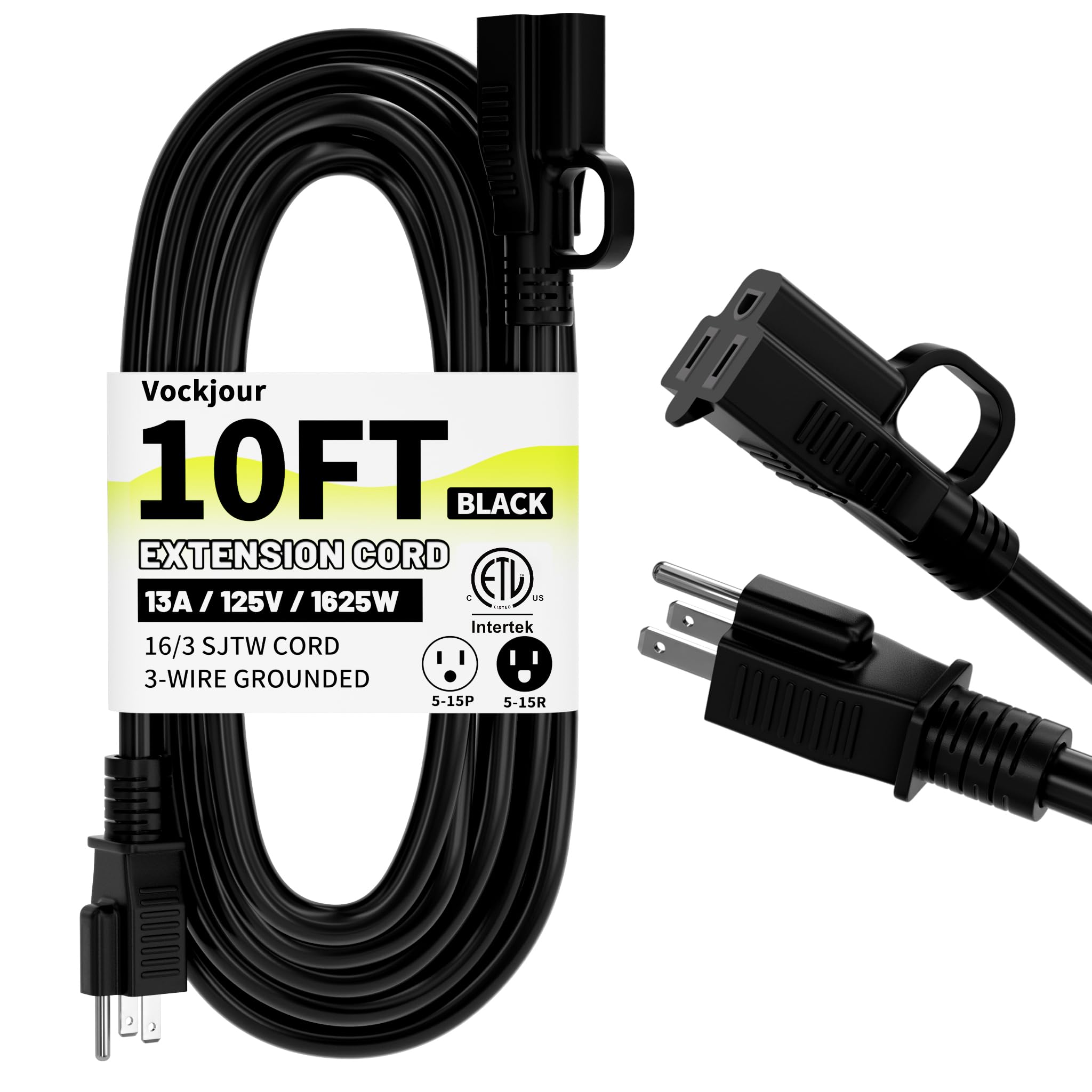 Vockjour 16/3 Black Indoor Outdoor Extension Cord 10 Ft Waterproof | 10 Feet Ext