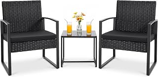 Flamaker 3 Pieces Patio Furniture Set Outdoor Wicker Bistro Chair (Black) | Modern Patio Conversation Rattan Front Porch Chairs Set of 2 with Coffee Table for Balcony and Yard