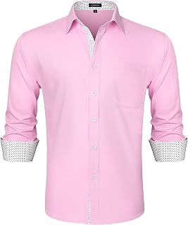 HISDERN Men's Shirt Long Sleeve Regular Fit Shirts Men Dress Brand Business Casual Shirt with Pocket Easy Ironing