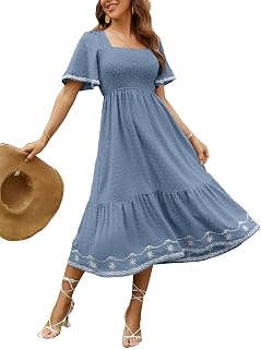 Glamaker Women's Short Sleeve Smocked Square Neck A Line Summer Flowy Maxi Long Dress