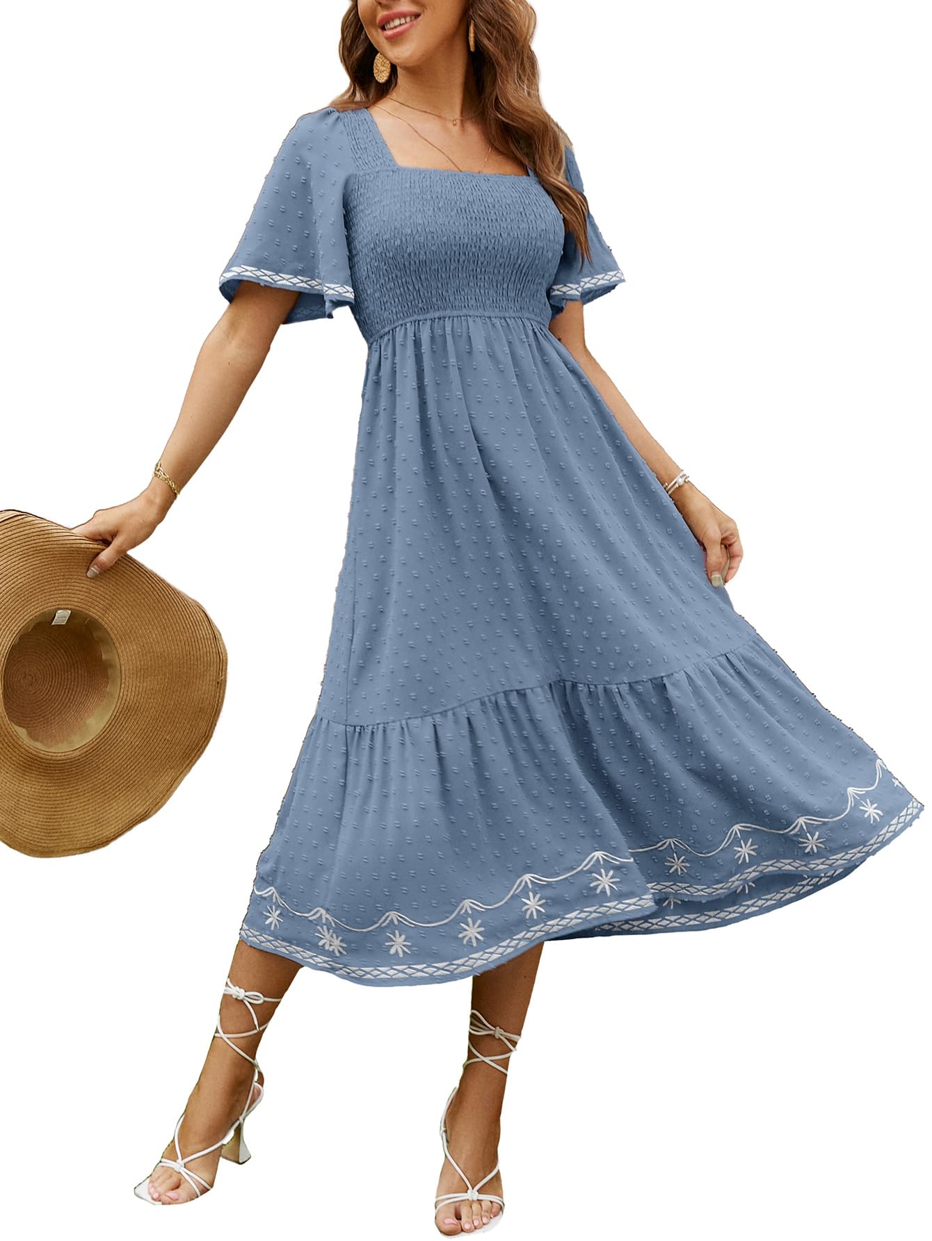 Glamaker Women's Short Sleeve Smocked Square Neck A Line Summer Flowy Maxi Long 