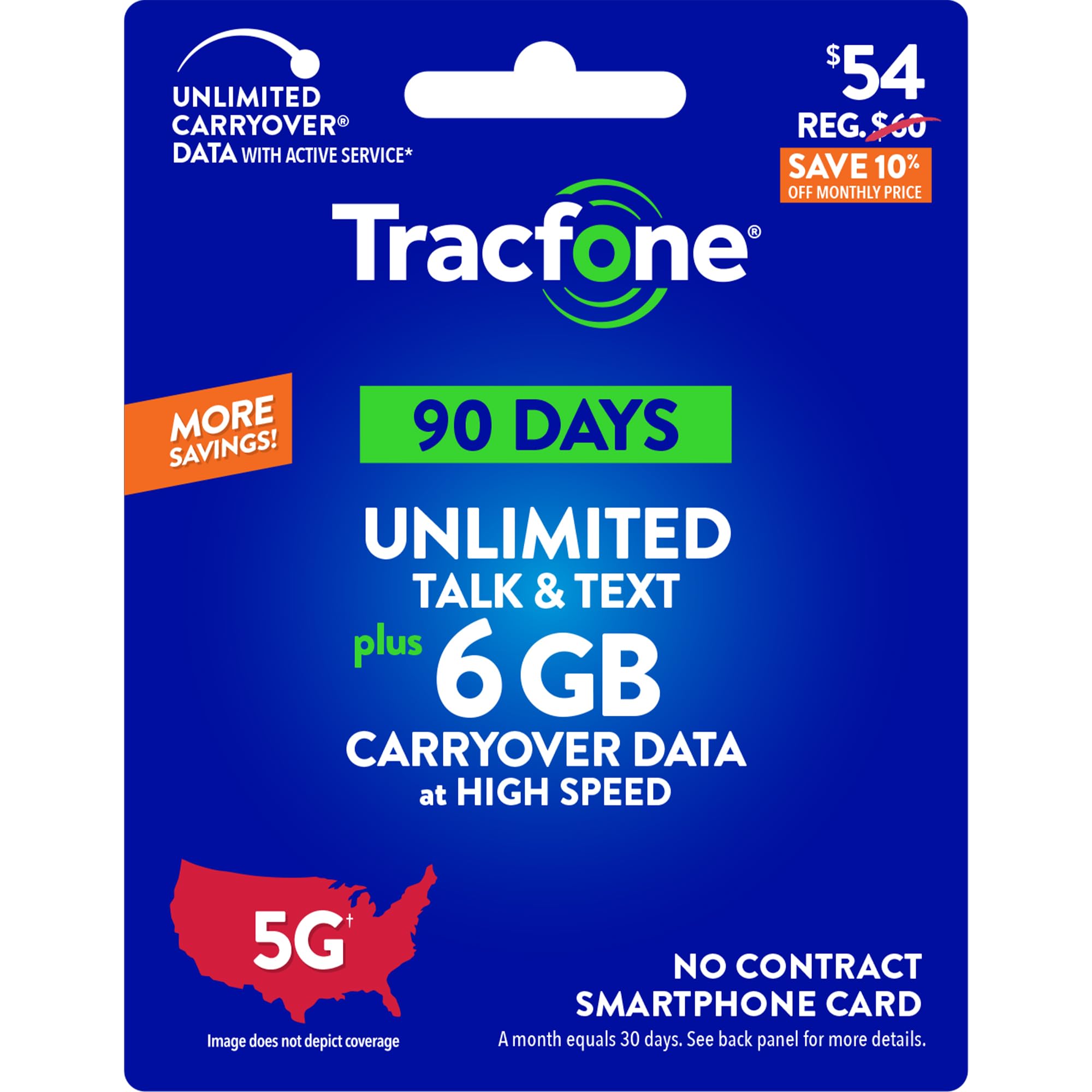 Tracfone $54 Unlimited Talk & Text Plus 6 GB of Data 90-Day Prepaid Plan(Physica