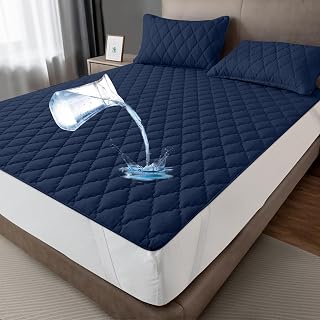 Waterproof Mattress Protector 120 x 200 cm, Breathable Mattress Topper, Microfiber Mattress Cover, Waterproof, Washable - Navy Blue