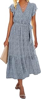 BTFBM Women Summer Casual Wrap V Neck Ruffle Cap Sleeve Belted Midi Dress
