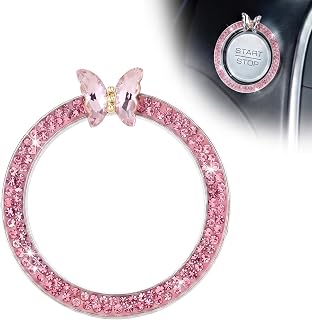 Hoiricn Bling Car Engine Start Stop Decoration Ring, Crystal Rhinestone Butterfly Car Engine Start Button Cover Ring, Sparkling Butterfly Key Ignition Knob Rings Decoration, Universal for Women(Pink)