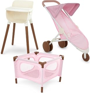 LullaBaby Doll Nursery Playset with Stroller, Playpen and High Chair | Pink nursery care set with high chair, portable playpen, and jogger stroller for most 14-inch dolls and accessories, 2+ Years