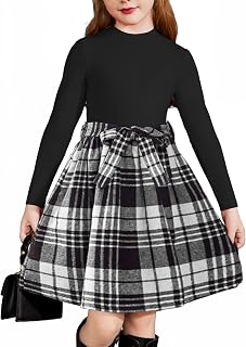 Arshiner Girls Long Sleeve Rib Knit Plaid Patchwork Dress with Pockets