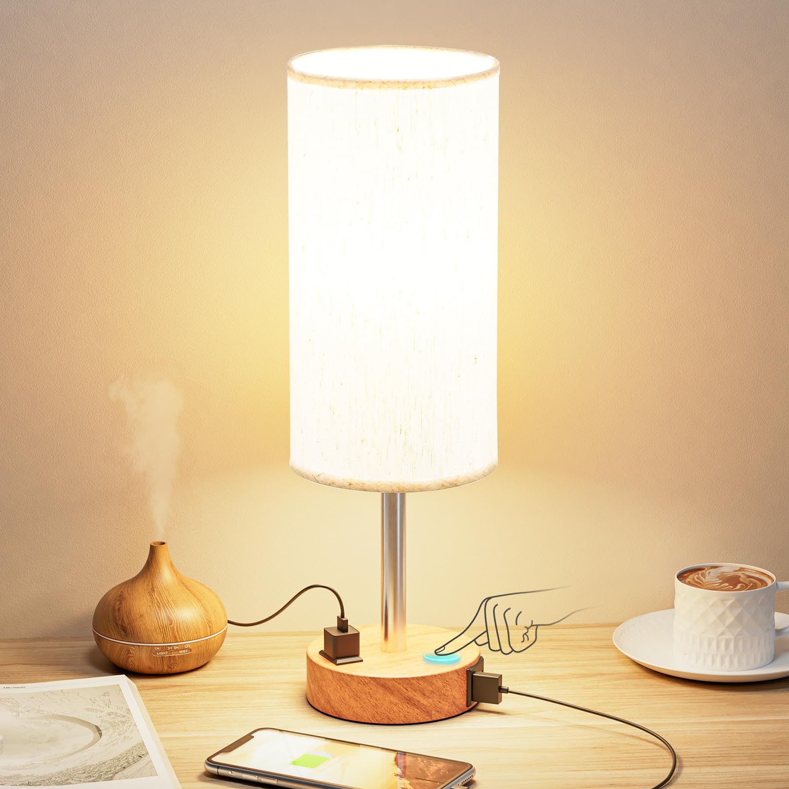 Fenmzee Bedside Table Lamp for Bedroom - Dimmable Touch, USB A+C, AC Outlet | 3-