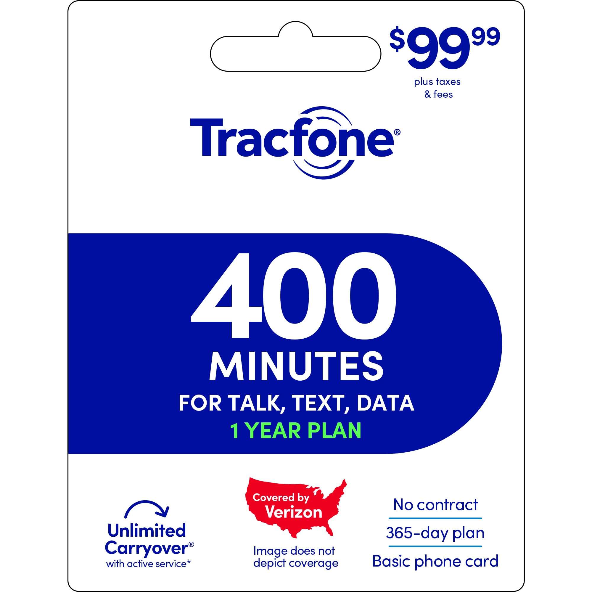 Tracfone $99.99 Annual Prepaid Card: 400 Talk Minutes / 365 Service Days (Basic 