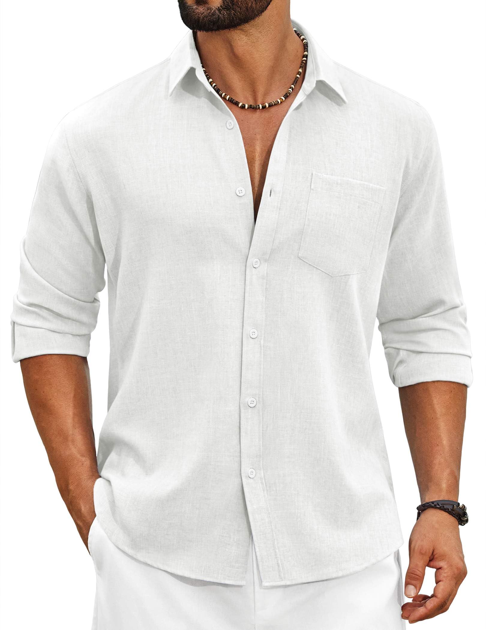 COOFANDY Men's Cotton Linen Button Down Shirts Long Sleeve Casual Summer Beach S
