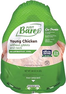 Just Bare Natural Fresh Whole Chicken | Antibiotic Free | Bone-In | Without Giblets & Neck | 64 Ounce