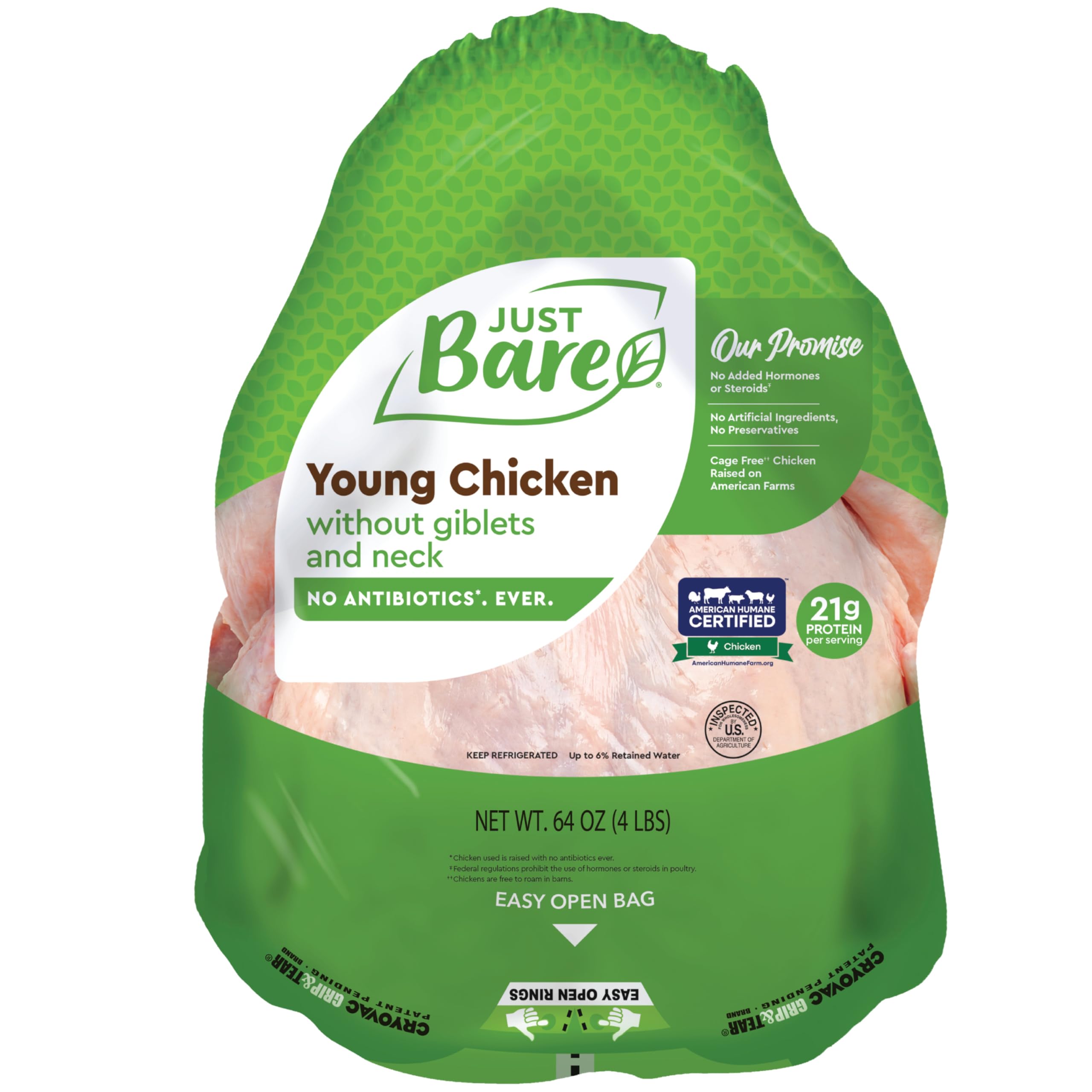 Just Bare Natural Fresh Whole Chicken | Antibiotic Free | Bone-In | Without Gibl
