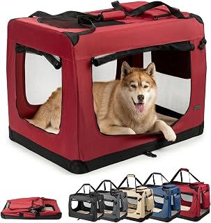 lionto Dog transport box foldable for travel & car, 101x69x70 cm, sturdy transport box with carrying handles & blanket for cats & dogs up to 25 kg, sturdy fabric dog box for small & large, red