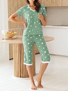 Set pigiama da donna con scollo a V, top a maniche corte e pantaloni corti con tasche, comodo abbigliamento da casa, da viaggio
