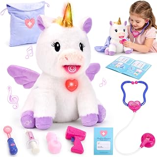 hahaland Doctor Kit for Kids Talking Unicorn Pretend Play Toy for Girls 3 6 | 6 in 1 Unicorn Toys with 4 Care Stories 12 Songs Talk Back Play 5 Doctor Tools Birthday & Christmas Gift for Girls