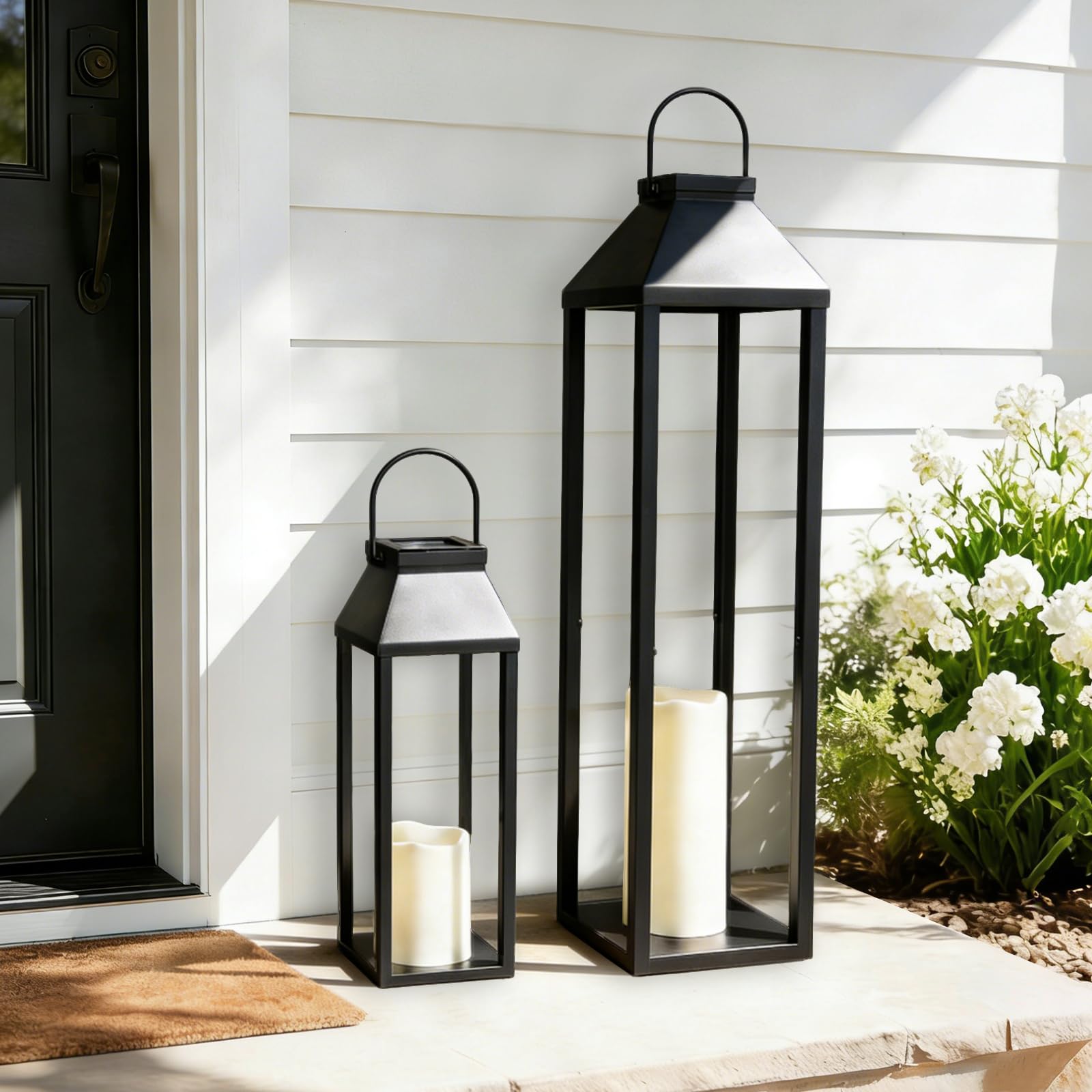 Large Outdoor Solar Lanterns Waterproof, Tall Farmhouse Black Metal Decorative L