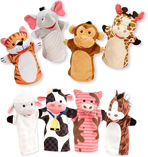 Melissa & Doug Animal Hand Puppets 2-Pack 8-Piece Pretend Play Set | 8 Piece Hand Puppet Set, 4 Farm Animals, 4 Zoo Animals, Washable Fabric, Storytelling Play, Toddler Toys for Kids, Ages 2+