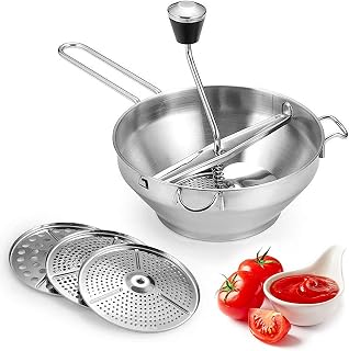 Hinourisha Manual Food Mill Stainless Steel, Vegetable Mill with 3 Discs, Stainless Steel Grips Food Mill, Mill Mud Blender Food Grinder for Tomato Sauce, Potatoes, Baby Food or Canned Goods #B