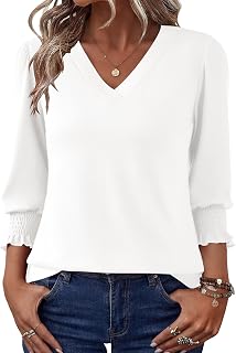Rapbin 3/4 レングス スリーブ レディース トップス パフスリーブ Vネック ブラウス ドレッシー カジュアル Tシャツ ルーズ フィット チュニック レギンス