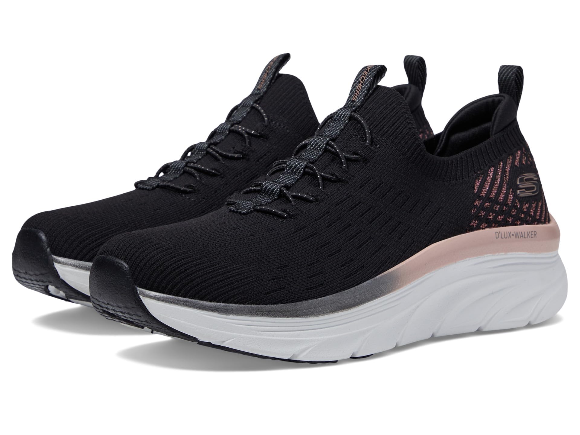 Skechers D'lux Women's Walker Let It GlowSneaker, Black Knit with Rose Gold Trim