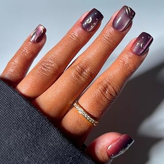 Glamnetic Halloween Press On Nails, Short Squoval Cat-Eye, Scarlet Spell | Halloween witch press on nails: Scarlet Spell. Full nail kit. Cat-Eye glue on nails with gold nail art. Fake nails.