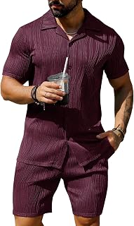URRU Men's 2 Piece Outfits Short Sleeve Casual Button Down Shirt and Shorts Set, Wine Red, XX-L