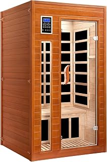 X-Vcak 1-2 Person Infrared Sauna, Dry Heat Sauna with Red Light Therapy, Bluetooth, Radio, 7-Color Therapy Light for Home, Indoor, Gym, Wellness Center, 40″ x 36″ x 73″, Brown