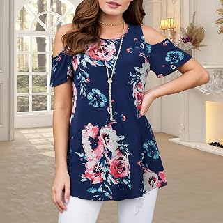 Off Shoulder Floral Tops for Women, Loose Fit Short Sleeve Printed Blouse, Casual Shirt for Vacation, Travel, Daily Wear