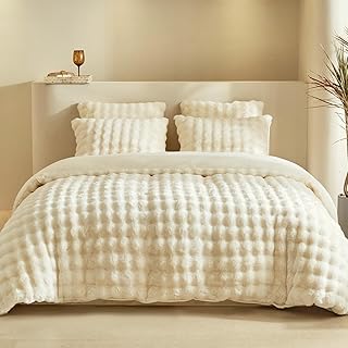 Lekesky Long Fur Faux Fur Fleece Bedding Set Soft Warm Touch 3 Pieces (1 Shaggy Duvet Cover + 2 Pillow Shams) for Christmas and Winter, Beige