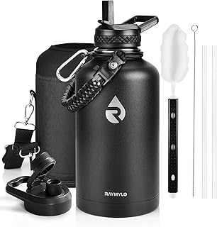 RAYMYLO Insulated Water Bottle 64 oz, Triple Wall Vacuum Stainless Steel | (Cold for 48 Hrs), Leak Proof & Non-BPA, Half Gallon Water Flask Jug with Paracord Handle & Straw Spout Lids