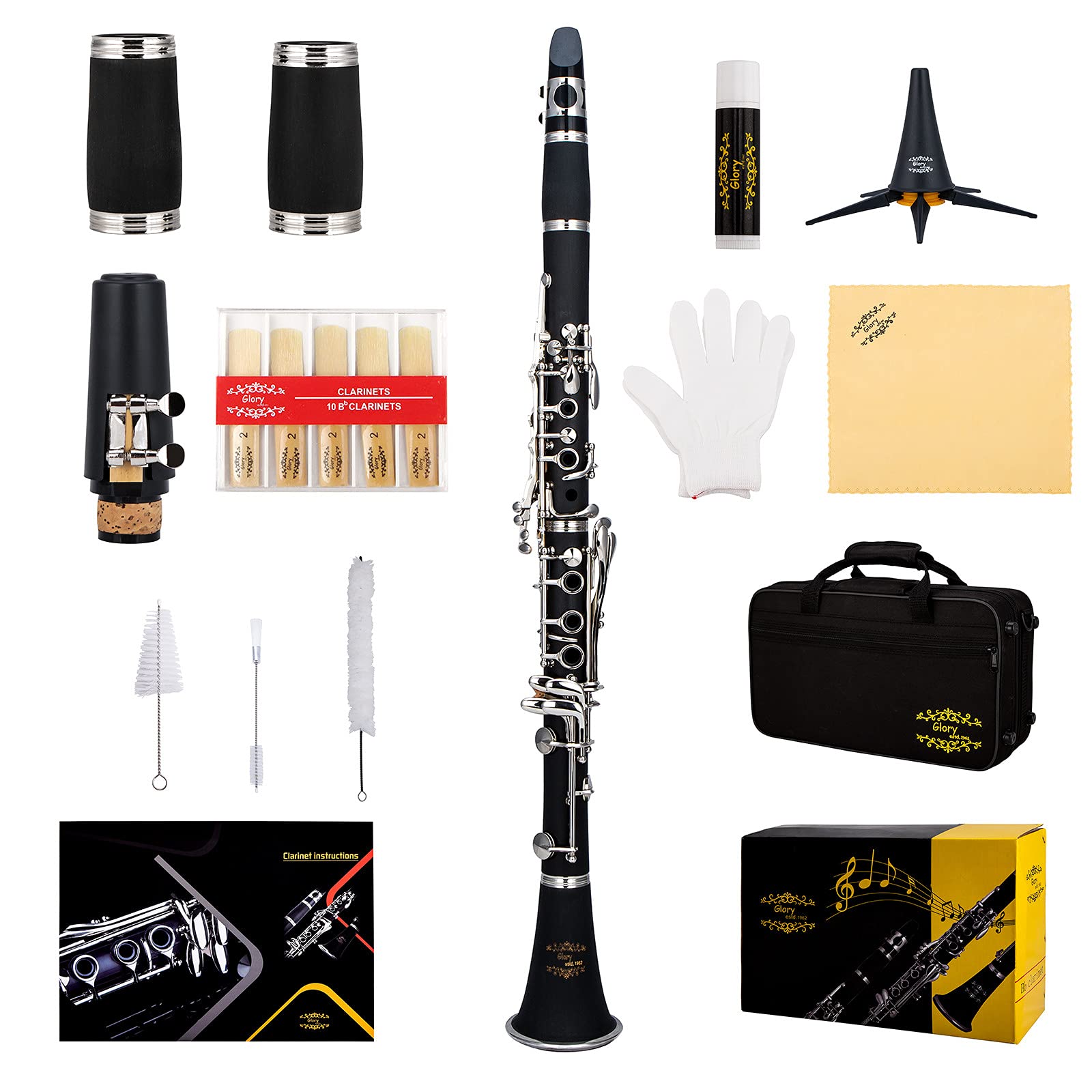 Glory GLY-PBK Professional Ebonite Bb Clarinet with 10 Reeds, Stand, Hard Case, 