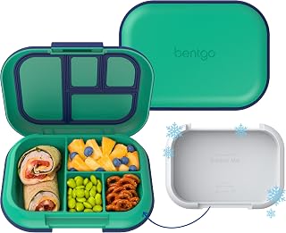 Bentgo Chill Kids 4-Compartment Bento Box Leakproof Lunch Box | Built-In Ice Pack, 3.3 Cup Capacity, BPA-Free, Microwave & Dishwasher Safe Tray, Ideal for Ages 3–7 (Green/Navy)