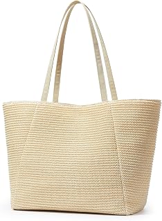 KALIDI Large Straw Bag, Beach Bag with Zipper, Recycled Marine Plastic, Straw Like Design, Tote Bag for Summer Vacation and Daily Use