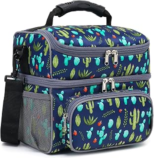 FlowFly Insulated Lunch Bag Adult Lunch Box Large Tote Double Layer Cooler for Men, Women, with Adjustable Strap,Front Pocket and Mesh Side Pockets,Cactus