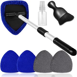 Qydipclin 7pcs Windshield Cleaner Tool Car Interior Window Cleaning Kit | 4 Reusable Microfiber Pads 1 Spray Bottle 1 Soft Brush and Extendable Handle Auto Glass Wiper Kit, Blue